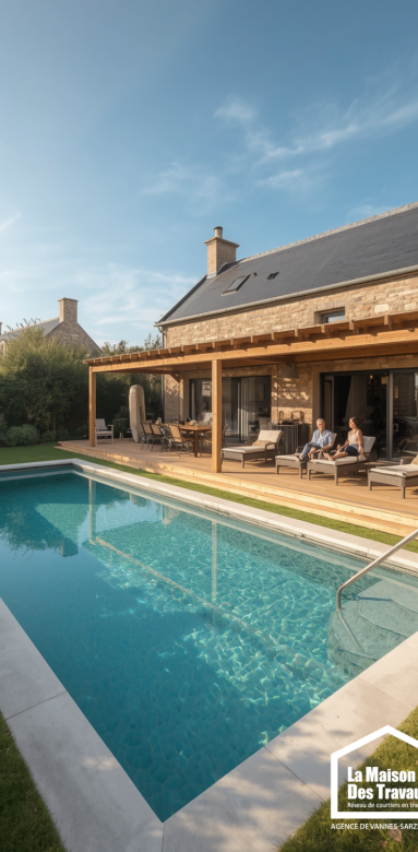 Piscine béton sur mesure intégrée à un aménagement extérieur 
