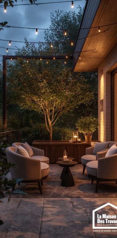 Terrasse aménagée avec un éclairage chaleureux pour les soirées d'été