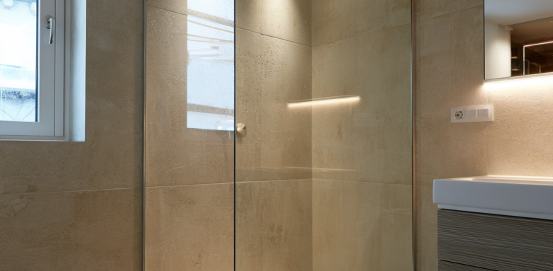 Douche italienne moderne avec carrelage grand format et paroi vitrée
