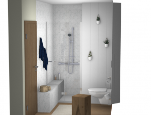 Accès douche par le banc et paroi sur-mesure