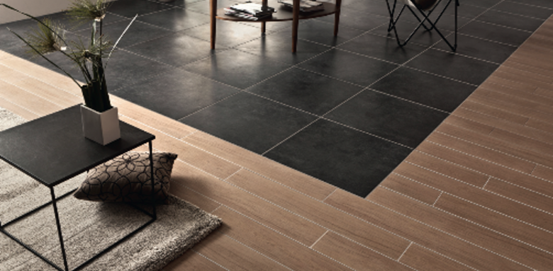 Revêtment de sol carrelage et bois salle à manger