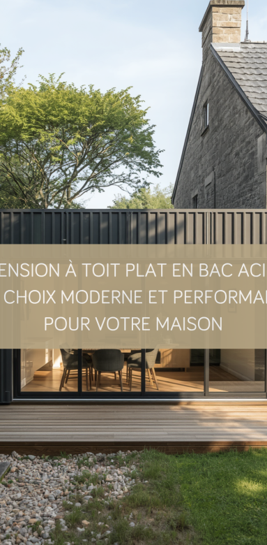 Vue extérieure d'une extension de maison moderne avec toit plat en bac acier gris anthracite et grandes baies vitrées.