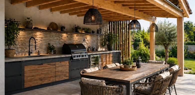 Cuisine extérieure aménagée sous auvent de terrasse - Montauban 82