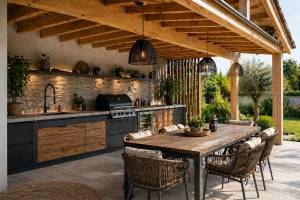 Cuisine extérieure aménagée sous auvent de terrasse - Montauban 82