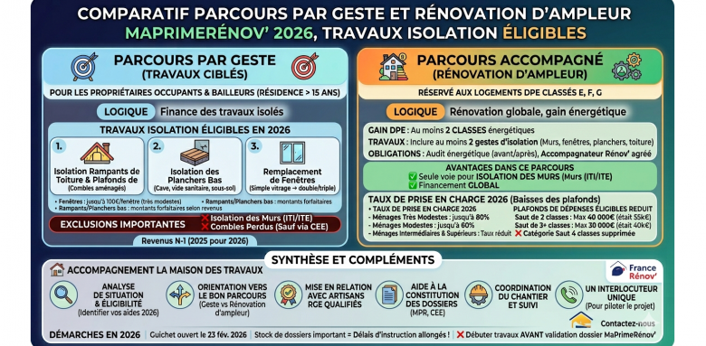 Comparatif parcours par geste et rénovation d'ampleur MaPrimeRénov' 2026, travaux isolation éligibles