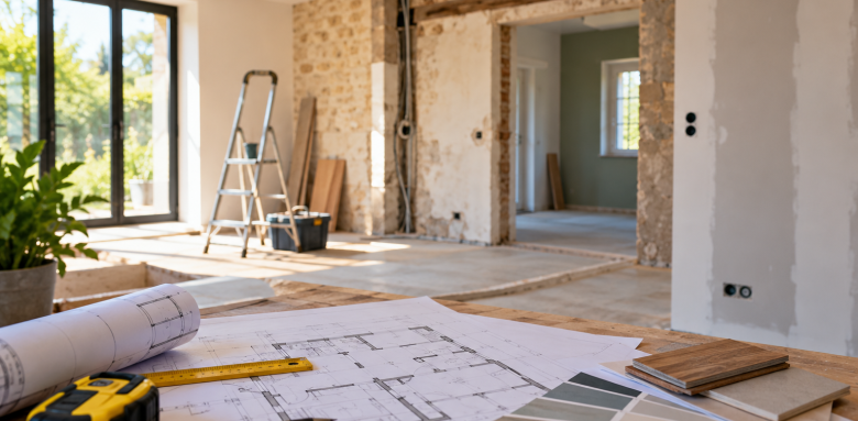 Chantier de rénovation d'une maison avec plans de travaux, échantillons de matériaux et outils, illustrant les différentes étapes d'un projet de rénovation intérieure.