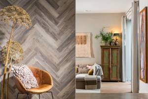 Sol et murs en lames et dalles PVC décor parquet chêne