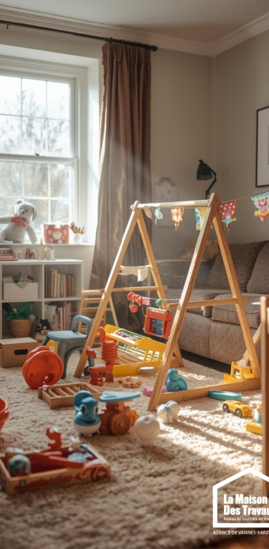 Coin jeux enfants aménagé temporairement dans un salon