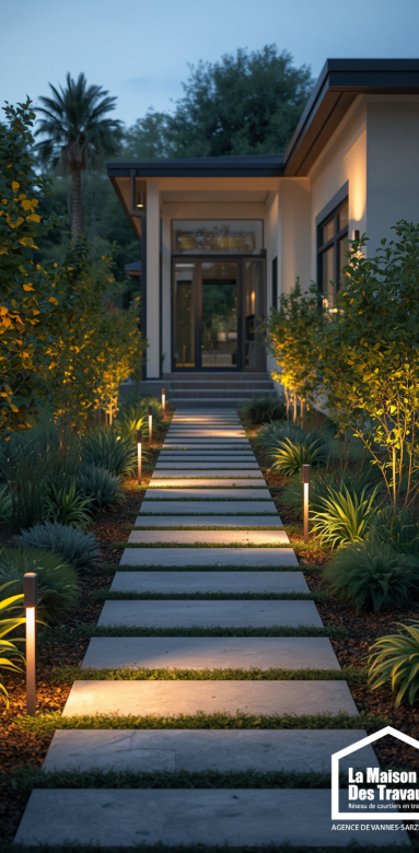 Jardin paysager avec éclairage d'ambiance et allée lumineuse