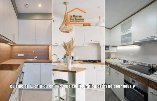Comparatif de trois cuisines modernes : en L, en U et en I – inspirations d’aménagement intérieur en Haute-Savoie avec la question "quelle configuration est faite pour vous ?