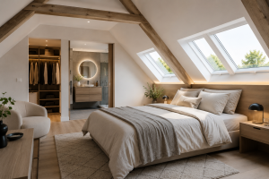 Suite parentale moderne aménagée sous les combles avec fenêtres de toit et rangements intégrés