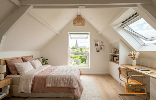 Gagner de la place et de la clarté : l'installation de fenêtres de toit et d'une verrière balcon transforme ces anciens combles sombres en une chambre spacieuse et aérée