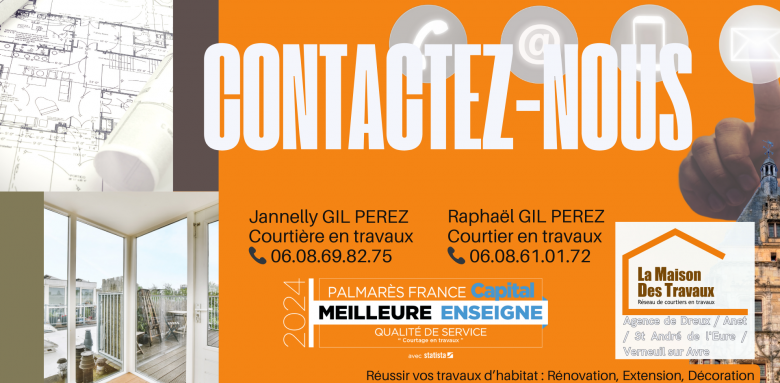 Contactez Jannelly & Raphaël Gil Perez à Dreux : votre extension de maison en toute sérénité avec des artisans fiables et devis gratuit.
