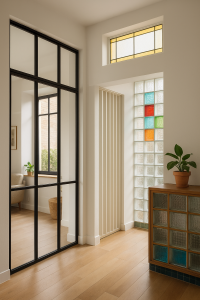 Second jour avec verrière d'intérieur, imposte haut de porte, pavés colorés muraux