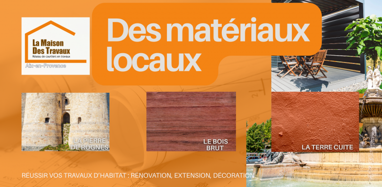 Extension à Aix-en-Provence avec des matériaux locaux : pierre de Rognes, bois brut et terre cuite pour une intégration parfaite.