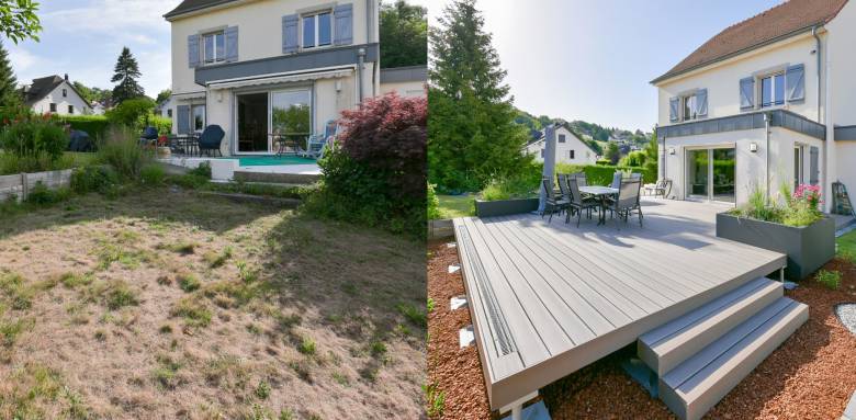 Avant/après d’une grande terrasse composite grise avec marches et jardinières devant une maison près de Colmar.