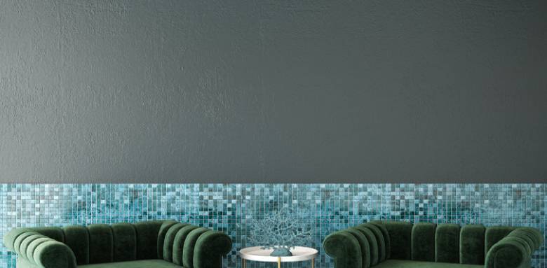 Frise murale salon bas de mur façon carrelage mosaique  - peinture unie - 
