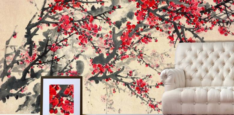papier peint décor floral japonais salon