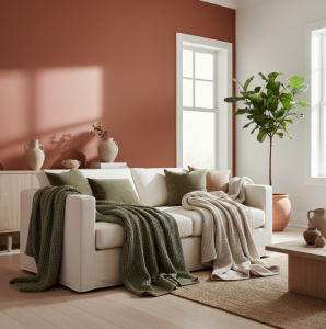 un mur terracotta et des accessoires vert olive, très tendance ! 