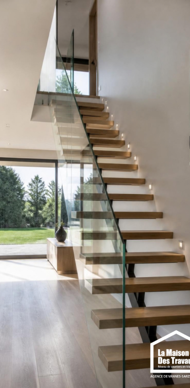 Escalier en bois avec garde-corps à barreaux verticaux dans le Morbihan