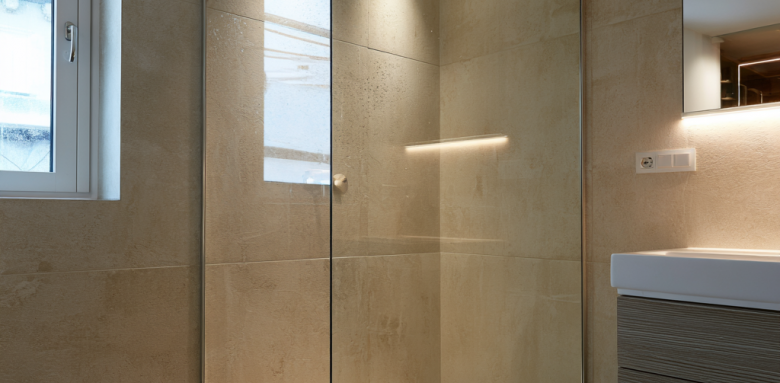 Douche italienne moderne avec carrelage grand format et paroi vitrée
