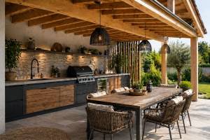 Cuisine extérieure aménagée sous auvent de terrasse - Montauban 82