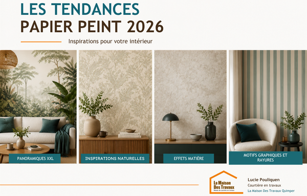 Panoramiques XXL, inspirations naturelles, effets matière et motifs graphiques : découvrez les tendances papier peint 2026 pour moderniser votre intérieur à Quimper.