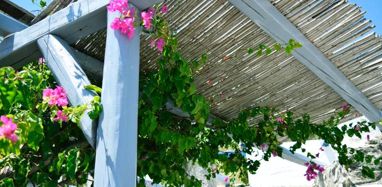 Une pergola en bois avec des canisses