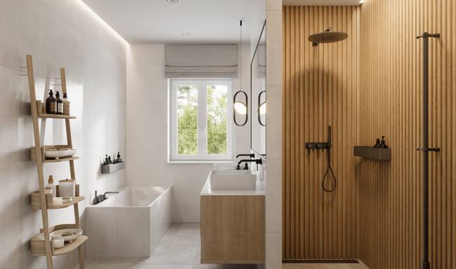 Une belle salle de bain avec douche, baignoire et double vasque à Halluin