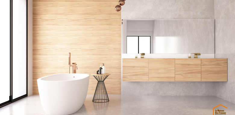 Salle de bain gris et bois