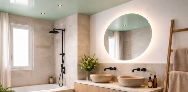 Plafond tendu coloré dans la salle de bain - Nantes 44