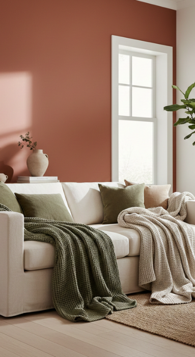 un mur terracotta et des accessoires vert olive, très tendance ! 