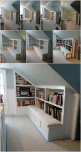 Aménagement combles - bibliothèque et banquette -