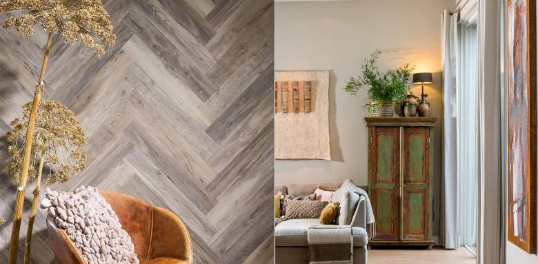 Sol et murs en lames et dalles PVC décor parquet chêne