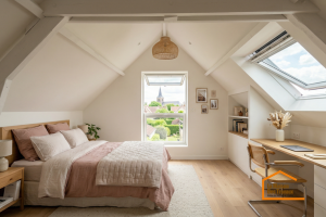 Gagner de la place et de la clarté : l'installation de fenêtres de toit et d'une verrière balcon transforme ces anciens combles sombres en une chambre spacieuse et aérée