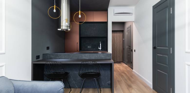 Salon et cuisine ouverte dans un appartement rénové Paris