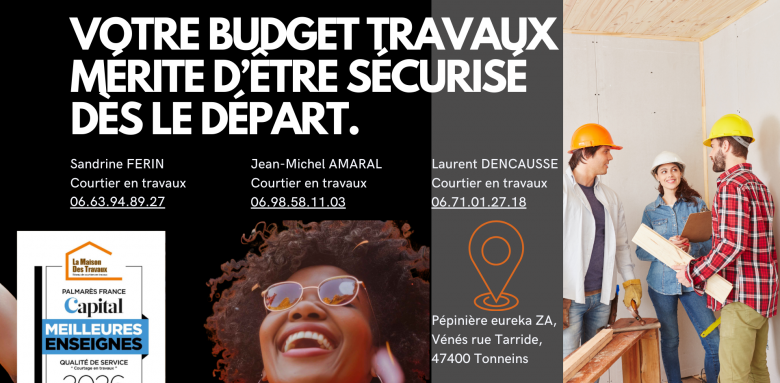 Budget travaux sécurisé dès le départ avec Sandrine Férin, courtière en travaux en Lot-et-Garonne (Agen, Marmande). Devis gratuit et accompagnement personnalisé.