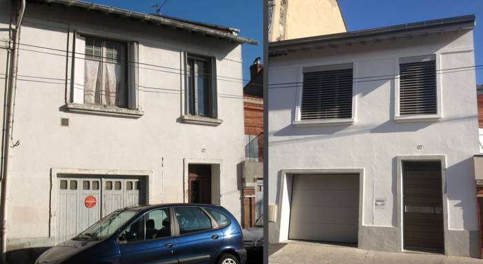 Nouvelle porte de garage motorisée lors d'un ravalement de façade