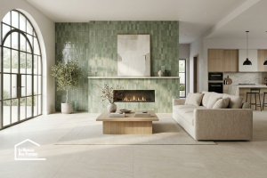 Salon moderne avec mur en carrelage vert type zellige autour d’une cheminée, grande baie vitrée et carrelage grand format au sol.