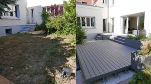 Avant/après d’un aménagement de terrasse grise dans une cour extérieure avec bacs plantés près de Colmar.