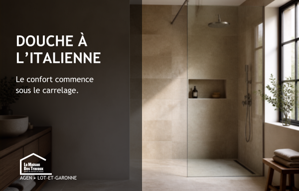 Douche italienne moderne à Agen, avec carrelage grand format, paroi vitrée et aménagement élégant de salle de bain.