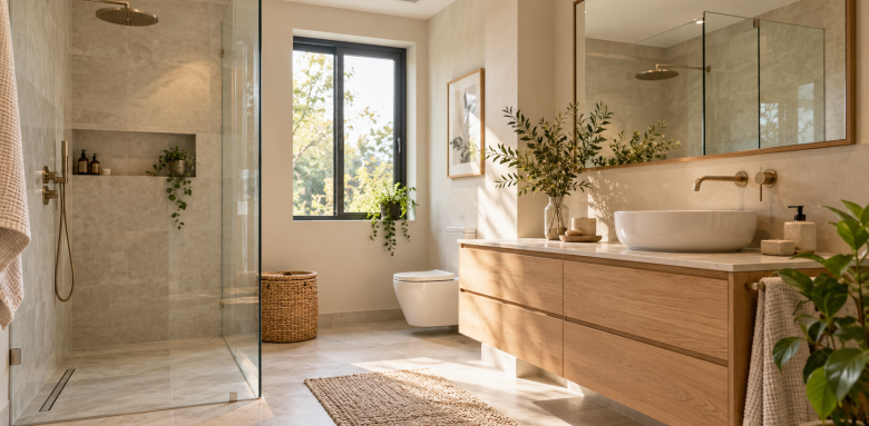 Salle de bain moderne aux plantes verdoyantes