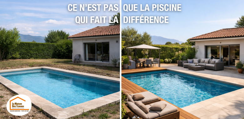 terrasse piscine Bassin Genevois, aménagement terrasse piscine Haute-Savoie, création terrasse piscine, rénovation extérieure maison, terrasse piscine Annemasse, courtier en travaux extérieur, La Maison des Travaux