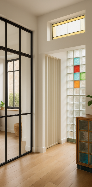 Second jour avec verrière d'intérieur, imposte haut de porte, pavés colorés muraux