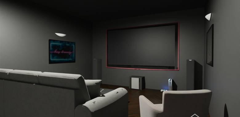 Home cinéma 3D avec canapé et écran de télévision