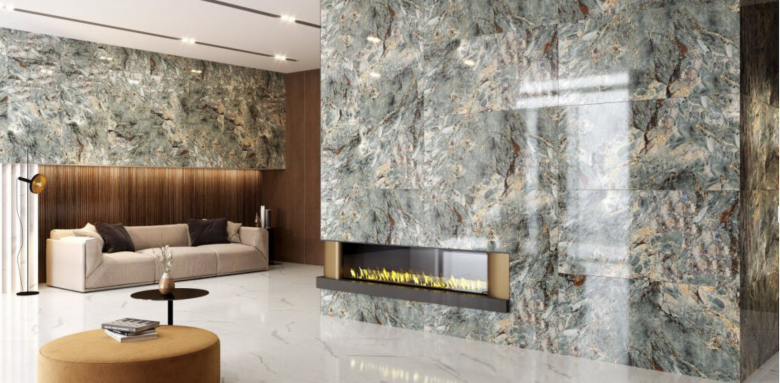 Esprit nature pour ce salon en marbre vert très texturé