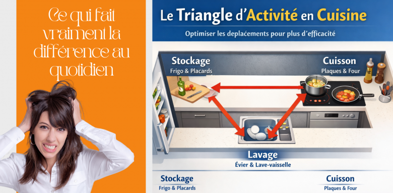Le triangle d’activité en cuisine : un élément clé pour optimiser les déplacements, améliorer le confort et réussir l’aménagement d’une cuisine ouverte.