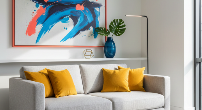 Un intérieur lumineux avec un joli beige rehaussé d'accessoires bleus et jaune