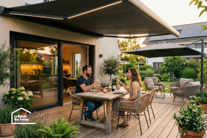 Aménagement d'une terrasse en bois avec mobilier moderne et éclairage extérieur 