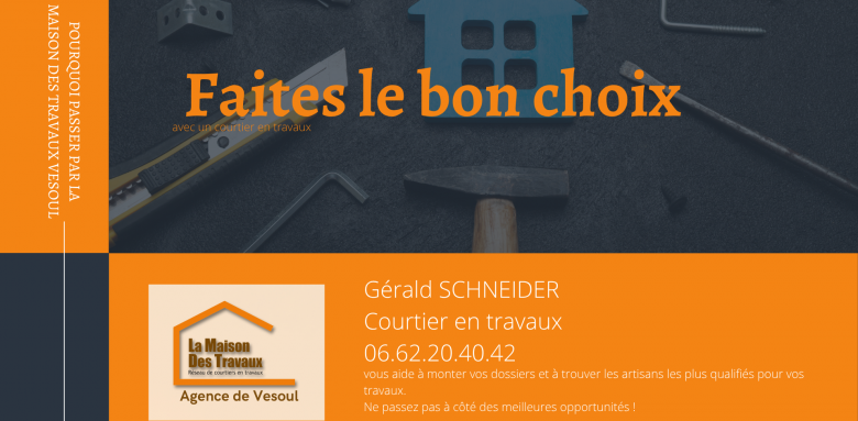 Avec Gérald Schneider, courtier en travaux à Vesoul, bénéficiez d’un accompagnement sur mesure et des meilleurs artisans pour vos projets d’isolation et de rénovation.